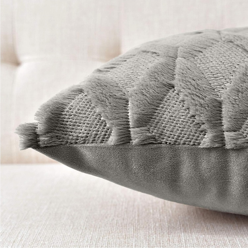 Light Grey Farmhouse Pillow Cover Furry Faux Luxury Soft Warm Pillow Case Set - Picture 2 of 6